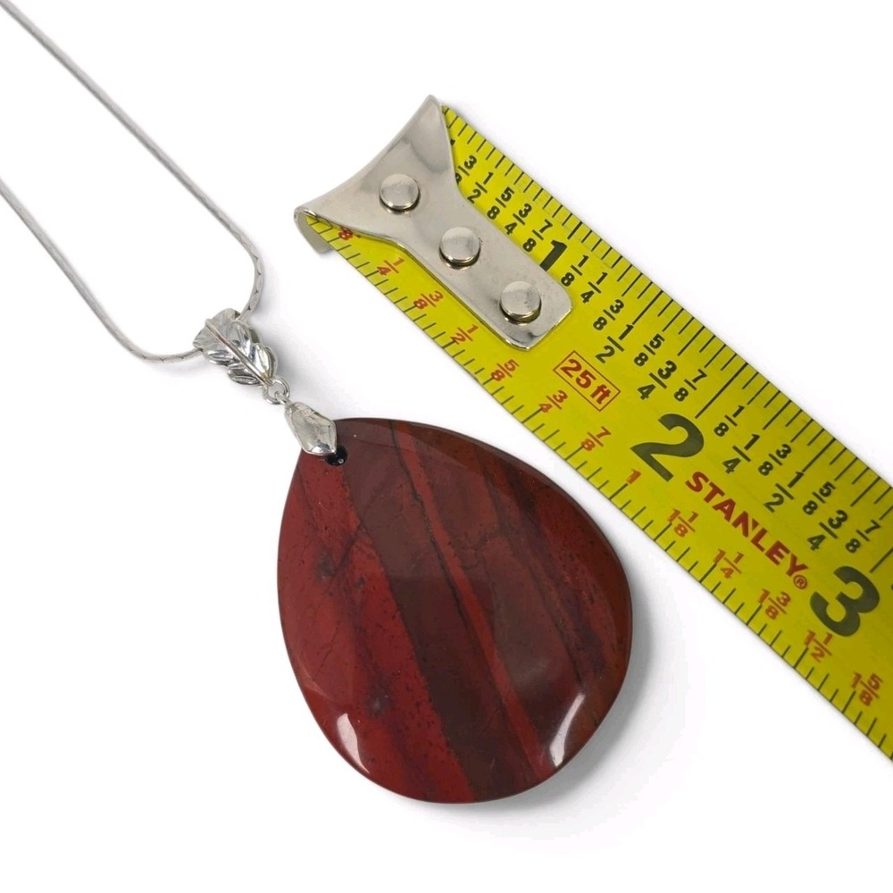 Large Red Banded Teardrop Pendant Necklace Silver Tone 20" Boho Statement - Picture 7 of 12